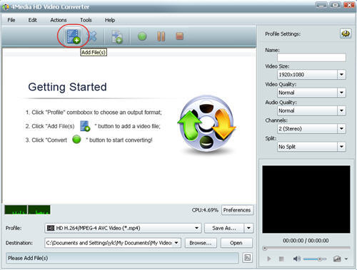 The GUI of convert H.264 to AVI